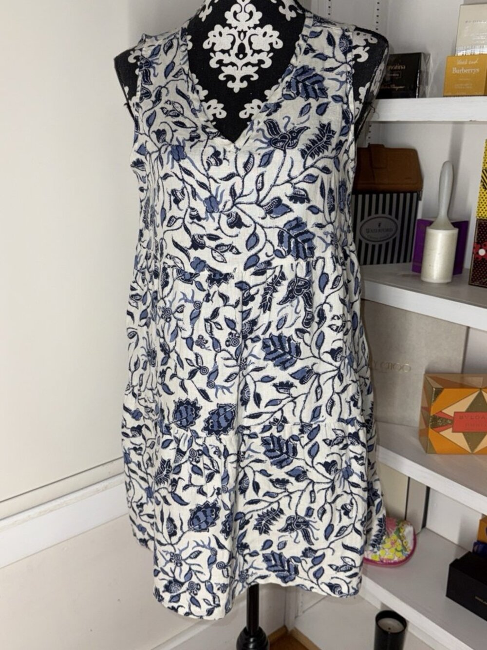 Rachel Zoe 100% Linen Blue White Warm Tone Floral Geo Sleeveless A-Line Dress S